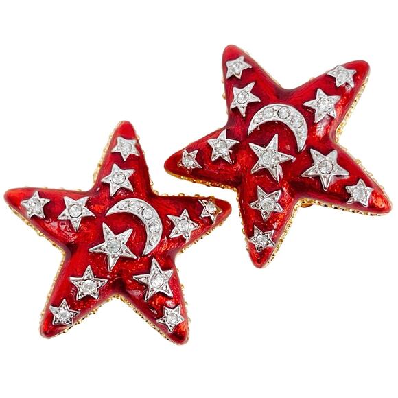 The Quacker Factory Red Enamel Celestial Star Moon Clip On Earrings Vintage Y2K - Picture 1 of 12